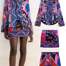TFMLN 3PC Bermuda Printed Blouses+ Short Skirt Set Turn Down Collar Long Sleeve Tops High Waist Girl Outfits 220421