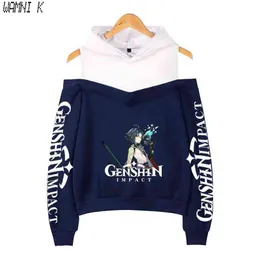 Genshin Impact Crop Shoulder Hoodies Damen Sweatshirts Pullover Off-Shoulder Harajuku Mädchen Kapuzenmode Trainingsanzug Übergroß Y220713