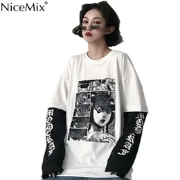 NiceMix Harajuku T-shirt Women Fake 2 Pieces Print Japanese Fujiang Horror Comics Long Sleeve Shirt Women Vetement Femme 220407