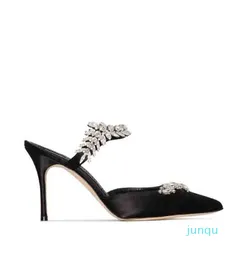 2022-Luxury Lurum Strass Sandals Scarpe per donne con tacchi alti con le foglie di raso con cristallo a foglia di satinata Sandalie Strappy Slifori sexy punta punta punta
