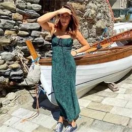 Foridol Kayışı Kolsuz Baskı Boho Yaz Elbise Uzun Kadınlar Yeşil Çiçek Sarı Elbiseler Sundress Vintage Fransız Tarzı Elbise 220406