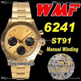 WWF Paul Newman 6241 St91 Manuell vindkrokografi Mens Klocka 1967 Sällsynt Vintage 18K Gold Champagne Dial Oysterpeel Armband TimezoneWatch Super Edition C3