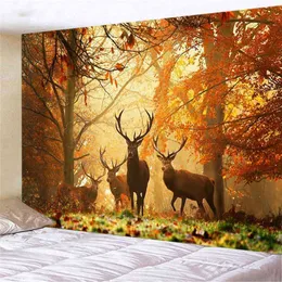 Psychedelic Forest Elks Sunset Bohemian Living Room Wall Anvas Rugs Garden Decoration för J220804