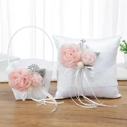 Eleganter Hochzeitsblumenkorb und Ringkissen mit Rosa Rose Romantisches Design W-5740-5944