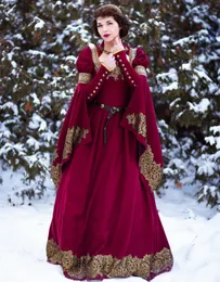 Fantasy Renaissance Viktorianische Ballkleider 2022 Lange Ärmel Winter Formelle Partykleider Goldapplikationen Vintage Cosplay Maskerade A-Linie Abendkleid