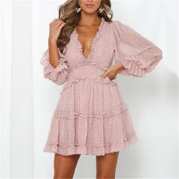 Romantic Print Chiffon Mini Holiday Dress Women s Sexy Back Cut Out Beach Party Dress Frill Robe Skater Dress For Lady LJ200812