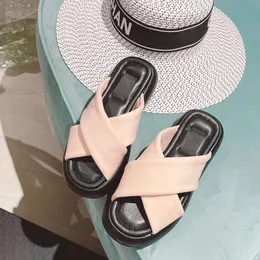 Top quality Summer Beige Fabric mules slippers Luxe slip-on beach platform sandals shoes leather open toes casual flats for women Luxury Designers factory footwear