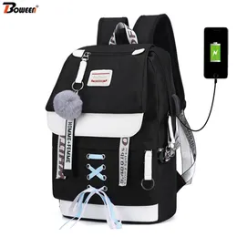 Bolsas de escolas USB de tela para meninas Backpack Women Bookbags Black Capacity Capacidade Média High College School School Sagra LJ201225
