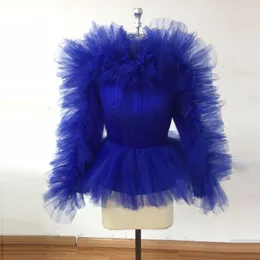 Women's Blouses & Shirts Real Image Royal Blue Tulle Women Blouse Ruffles Mesh Top Full Sleeves Fashion 2022Women's