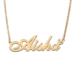 Aisha Name Necklaces for Women Love Heart Gold Nameplate Pendant Girl Stainless Steel Nameplated Girlfriend Birthday Christmas Statement Jewelry Gift