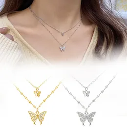 Dubbelskiktsfjäril hänge halsband för kvinnor klavikelkedja strasshalsband kvinnlig utsökt smyckespresent
