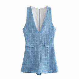 Slim Women Blue V Neck Rompers Summer Fashion Ladies Woolen Tyg Hög midja Vintage Kvinnlig texturerad kort Jumpsuit 210515