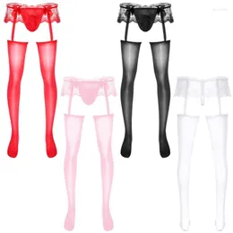 Unterhosen Sissy Dessous Mann Exotische Unterwäsche Herren Sexy Strumpfhosen Durchsichtiges Höschen mit floralem Spitzenrock und Ausschnitten und Strumpfbändern