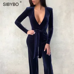 Sibybo svart sammet vneck jumpsuit kvinnor faller vinter lång ärm breda ben jumpsuits femme streetwear snörning upp overall 220801
