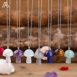 Carved Gemstones Mushroom Pendant Charms Stainlesssteel Chain Women Healing Crystals Figurine Pendant Necklace Jewelry