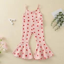 Focusnorm 0-5y Valentines Days Lovely Baby Girls Jumpsuits Love Heart Printed Strap Sleeveless Elastic Flare Pants 220525