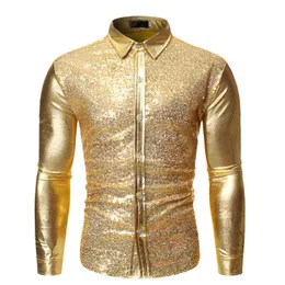 ゴールドパッチワークスパンコールグリッターシャツメンカミサマスキュリナ2022ファッションシャイニーナイトクラブウェアメンズドレスシャツパーティープロムシャツL220704