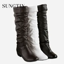 sungtin women pu革膝ハイファッションクラシックフラットレディース秋の冬の靴基本的な長いブーツy200115