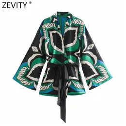 Zevity Women Vintage Contrast Color Hojas impresas Kimono Smock Blusa Femenina Femenina Cardigans Cardigans Blusas Tops LS9462 220712