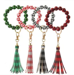 Buffalo Plaid Wood Bead Bracelet Jewelry Black White Check Leopard Tassel Keychains Bangle Anti Loss Fringe Bracelets Wrist Key Ring Pendant Bag Accessories BC8004