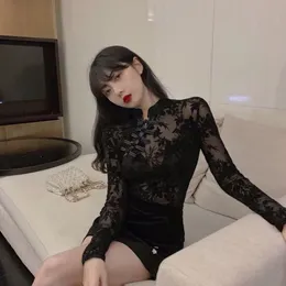 Odzież etniczna chińska tradycyjna sukienka qipao moda czarna koronka przebiegłośliny Top Cheongsam Gothic Sexy Slim Kobiety Bluzka Hanfu