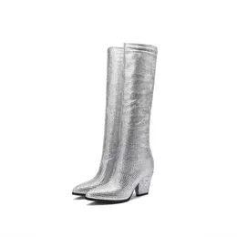秋と冬の女性ブーツヨーロッパアメリカンファッションラインストーンヴァンプオーバーザ膝の靴厚いハイヒール尖ったスリーブブーツシルバーゴールド大規模45