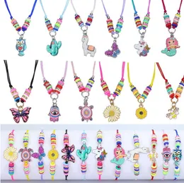 Kids Woven Bracelet Necklace Jewelry Girls Clay Beads Pendants Friendship Wristband For Teen Children Pretend Play Princess Dress Up Jewel Party Favors Multicolor