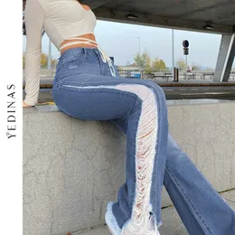 Yedinas High Street Ripped Flare Jeans Kvinnor Midja Hål Design Boot Cut Pant Denim Jean Trousers Female Drawnwork European 210527