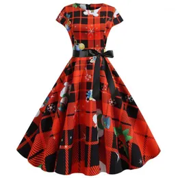 Casual Dresses Red Plaid Christmas Women Summer Short Sleeve Elegant Vintage Pleated Xmas Party Robe Femme Vestidos With Belt