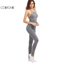 Colrovie Gray Marled Ribbed Jumpsuit Cage Neck Sexig Skinny Women Casual Knit Jumpsuits Fall Cross Strappy Basic Jumpsuit 201007