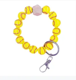 Accessori sportivi in titanio Design mono alla moda Portachiavi con cinturino da polso con disco da grammo Bracciale sportivo con stampa baseball con perline in legno 6 colori