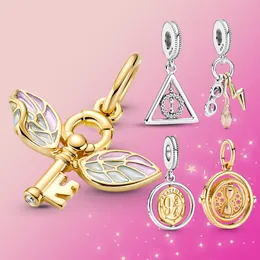 Pingente giratório de prata esterlina 925 real pingente chave alado pingente ajuste pandora pulseira feminina