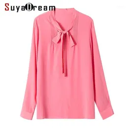 Kvinnors Blusar Suyadream Kvinnor Solid Blus 100% Silk Crepe Långärmad Bow Collar Office Lady Shirt 2022 Spring Top