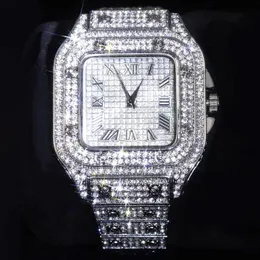 Wristwatches Iced Out Watch Square Diamond Quartz Luxury Męskie Zegarki Zegarki Gold Roman Kalendarz Stalowy Zegar Relogio Masculino dla Mężczyzn