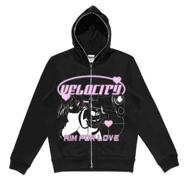 Y2K Zip up Hoodie kvinnor anime ny grafik goth Sweatshirt Sport Coat Pullover grunge Gothic Långärmad Oversized hoodie jacka