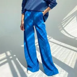 Blue Office Women s Pants Casual High midja bred för kvinnor Fashion Lossa full längd dambyxor Vintage 20504 220726