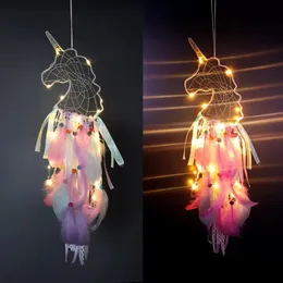 4 Colors LED Wind Chimes Handmade Dreamcatcher Lamps Feather Pendant Dream Catcher Creative Hanging Craft Wish Gift Home Decoration