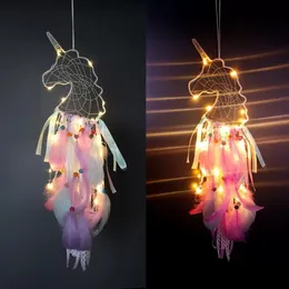 4色Led Wind Chimesハンドメイドドリームキャッチャーランプ羽ペンダントドリームキャッチャークリエイティブハンギングクラフトウィッシュギフトホームデコレーション