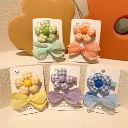 2 Pcs New Sweet Girl Princess Bow Duckbill Clip Hair Accessories Fashion Korean Children's Plaid Fabric Flower Hairpins Headwear