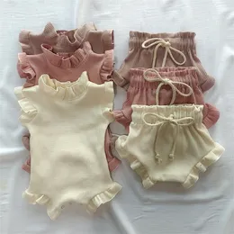 2 sztuk niemowlę dziewczynka ubrania zestaw wafel bawełna wzburzyć urodzony kamizelka Romper topy Bloomer szorty garnitur letnie stroje odzież 220606