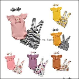 Kleidung Sets Kinder Mädchen Outfits Infant Rüschen Fliegende Hülse Strampler Topsandstripe Blume Blumendruck Strap Kurze Mxhome Dh1Hr