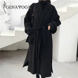 Genayooa Winter Elegancka wełniana mieszanka kobiet w stylu koreański czarne długie płaszcze vintage minimalistyczny wełniany wełniany płaszcz wielbłąda ponadwymiarowy 2020 LJ201109