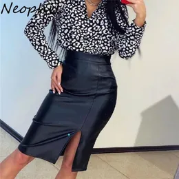 Neophil Black Front Split PU Läder Penna Skirt Bodycon High Waist Spring Fashion Elegant Knä Längd Faldas S21702 220317