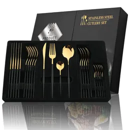 24PCS Czarna rękojeść Złota Zestaw sztućców ze stali nierdzewnej Nóż Fork Spoun Strale Stalit Set Festival Kitchen Contact Prezent 2206623