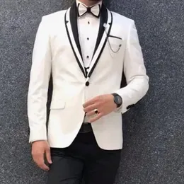 黒いズボン付きの新郎のための白い結婚式のタキシードショールラペル3ピ​​ースフォーマルメンズスーツジャケットウエストコート男性ファッションコスチューム2022