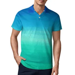 メンズポロスブルーグリーンカジュアルシャツ水彩ネオンオーシャンTシャツ短袖