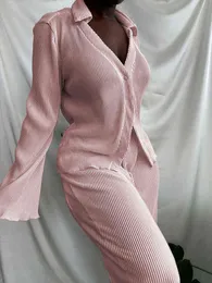 Pink/blue Ribbed Knitted Outfit Home Suit for Women Turn Down Collar Flare Sleeve Blouse and Loose Wide Leg Trouser Co Ord Set T220729