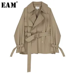 EAM LOOST FIT KHAKI BANDAGE Split Joint Big Size Jacka Lapel Long Sleeve Women Coat Fashion Spring 1R538 201029