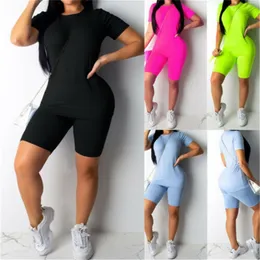 7 Colori Donna 2 pezzi Short Set Solid Sleeve Slim T Shirt Top Vita alta Elastic Band s Per Lady Yoga Workout Suit 220616