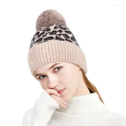 Beanie/Skull Caps 2022 Winter Pompom Beanies Hat For Women Woollen Knitted With Hairball Skullies Leopard Cover Head Cap Female Bonnet Delm2